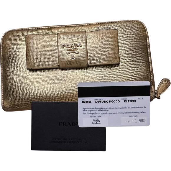 Prada + Authenticity Card Gold Saffiano Leather Prada long zippy wallet bow COA - Picture 1 of 7